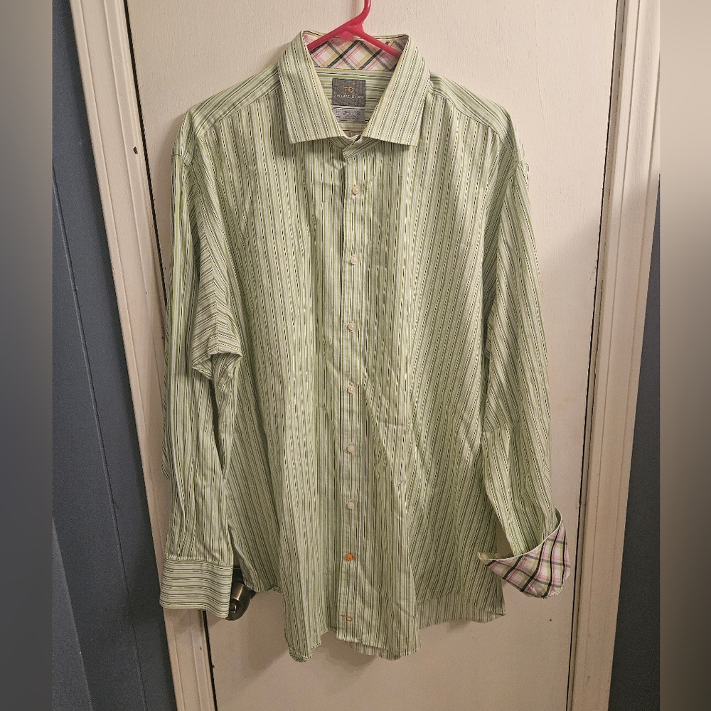 Men's Thomas Dean Green Striped Button-Up Shirt with Flip Cuffs 2XL XXL